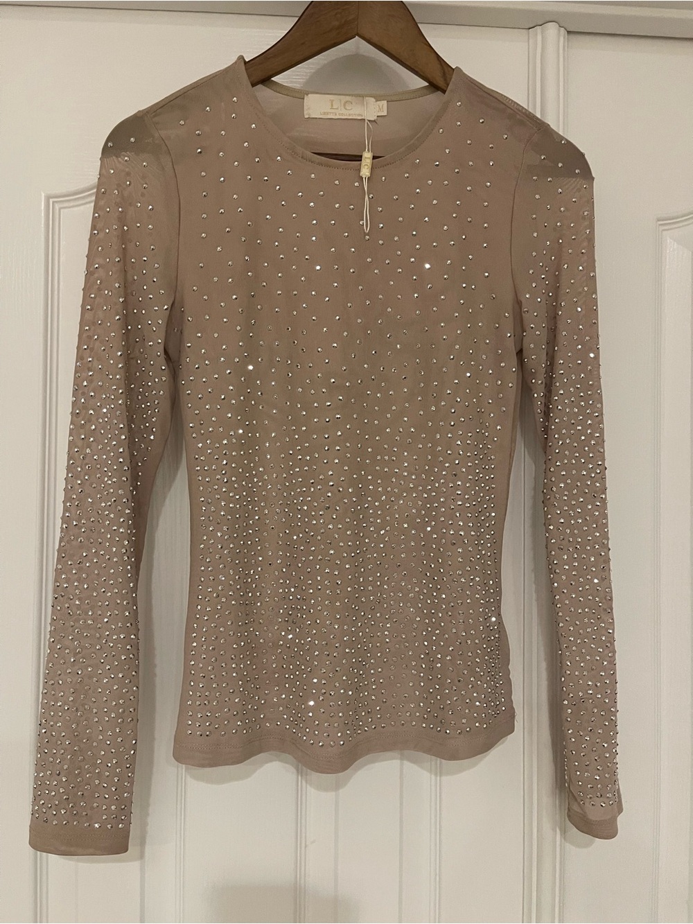 LC Lizette collection Nude Beige Long Sleeve Crystal-Embellished Tee